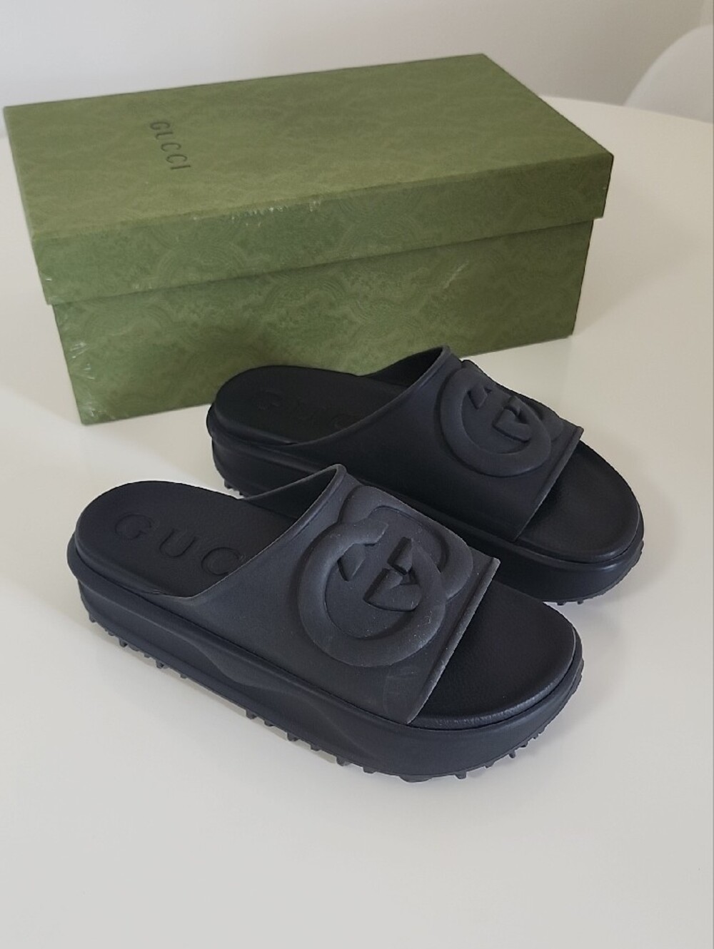 Gucci Black Rubber Slide Sandals with Raised GG